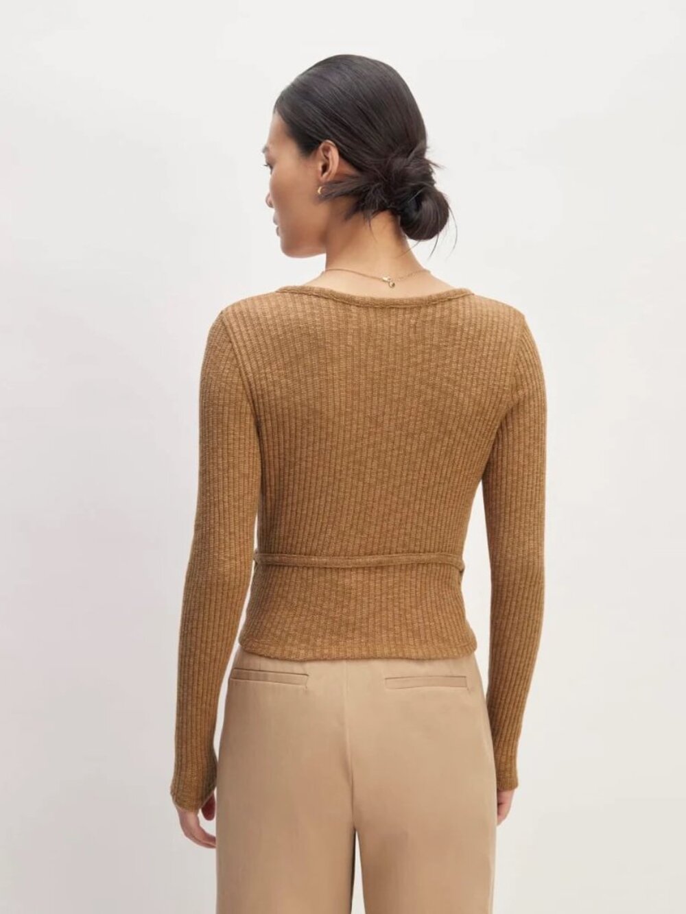 Everlane Cozy Rib Wrap Top | Cappuccino Brown | Balletcore Tie Front Sweater - Picture 6 of 9
